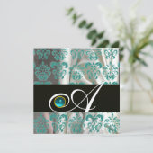 INVITATION SOIE NOIRE BLEUE DAMASSÉE MONOGRAMME AQUAMARINE OR (Debout devant)