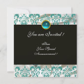 INVITATION SOIE NOIRE BLEUE DAMASSÉE MONOGRAMME AQUAMARINE OR (Dos)