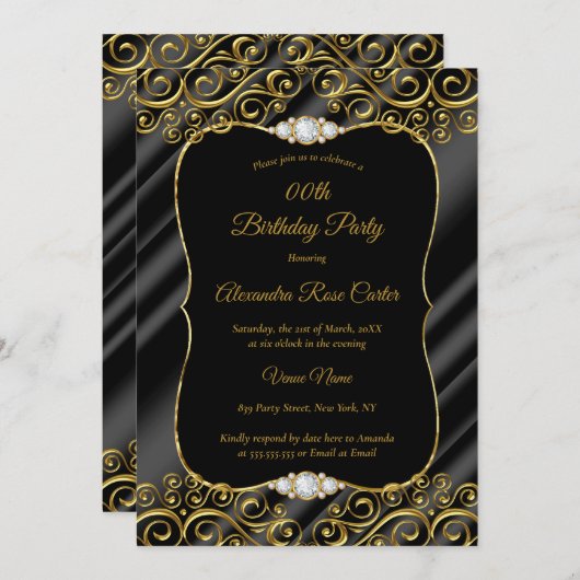 Invitation Soie Or Elégante Noir Diamant Anniversaire (Devant / Derrière)