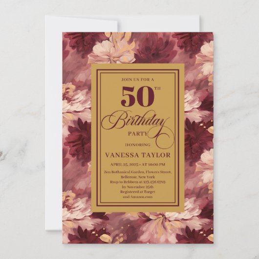 Invitation Soigné merlot blush or fleuri anniversaire (Devant)