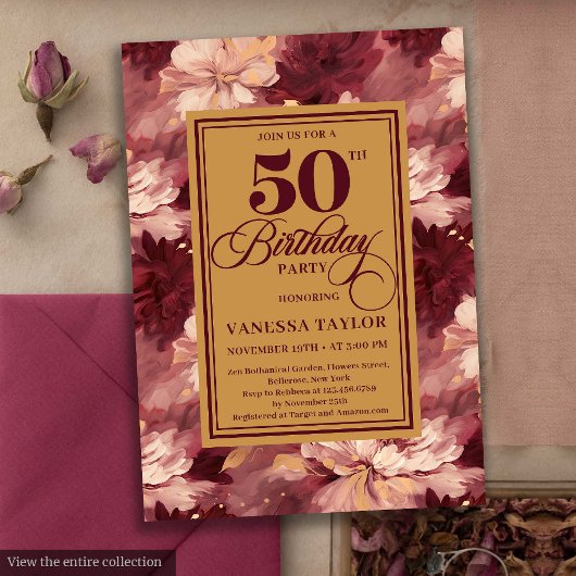 Invitation Soigné merlot blush or fleuri anniversaire