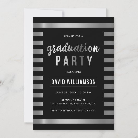 Invitation Soignée Black & Silver Stripes Graduation Party (Devant)