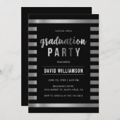 Invitation Soignée Black & Silver Stripes Graduation Party (Devant / Derrière)
