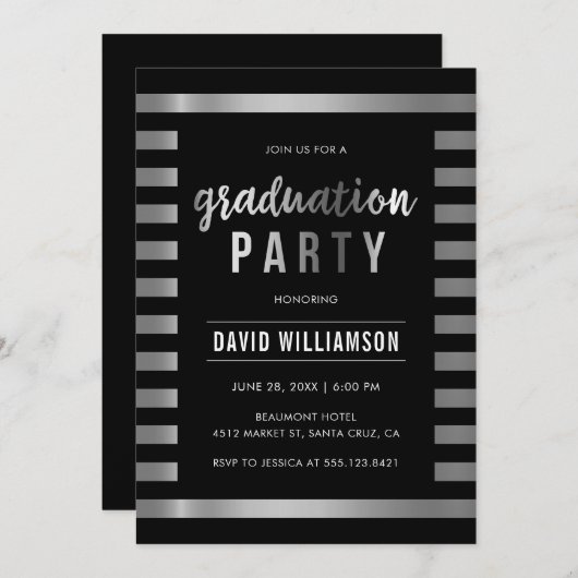 Invitation Soignée Black & Silver Stripes Graduation Party (Devant / Derrière)