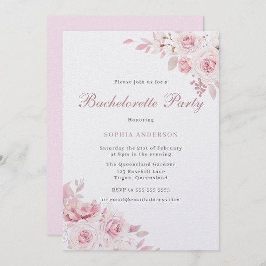 Invitation Soignée Blush Fleurs Élégantes Bachelorette Party (Devant / Derrière)