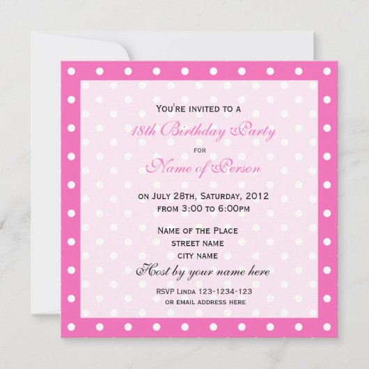 Invitation Soignée, douce poupée rose dix-huit anniversaire f (Devant)