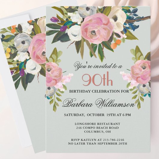 Invitation Soignée élégante peinte à la main Floral 90e fête