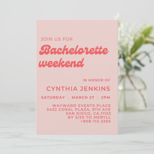 Invitation Soignée rétro pêche rose Bachelorette Party (Debout devant)