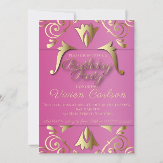 Invitation Soignée Soignée Rose Et Or Anniversaire (Devant)