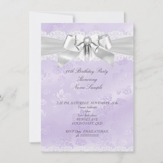 Invitation Soignée violette Damas argent blanc fête d'anniver (Dos)