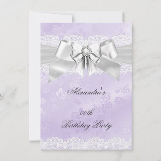 Invitation Soignée violette Damas argent blanc fête d'anniver (Devant)