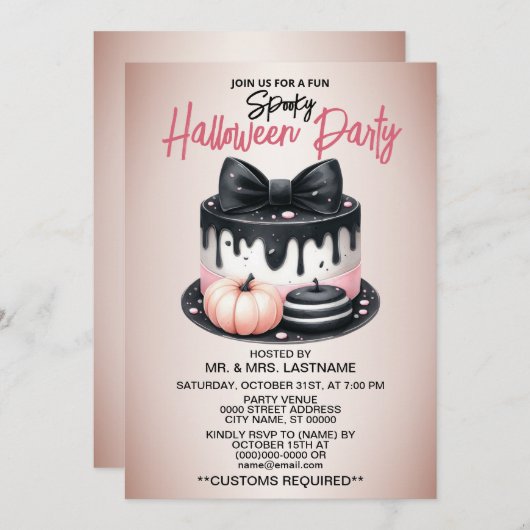 Invitation Soin de gâteau rose noire de la fête d'Halloween É (Devant / Derrière)