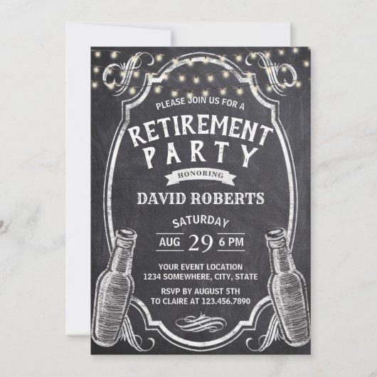 Invitation Soins de bière Rustic Chalkboard Retraite Party (Devant)