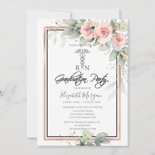 Invitation Soins infirmiers Roses Boho Parti de graduation (Devant)