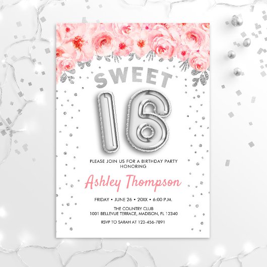 Invitation Soirée 16 Anniversaire - Ballons d'argent rose