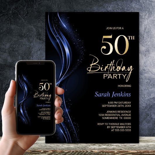 Invitation Soirée 50e anniversaire noir et bleu élégant