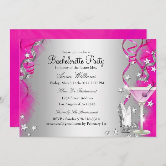 Invitation Soirée à étincelles rose & Cocktail Bachelorette (Devant / Derrière)