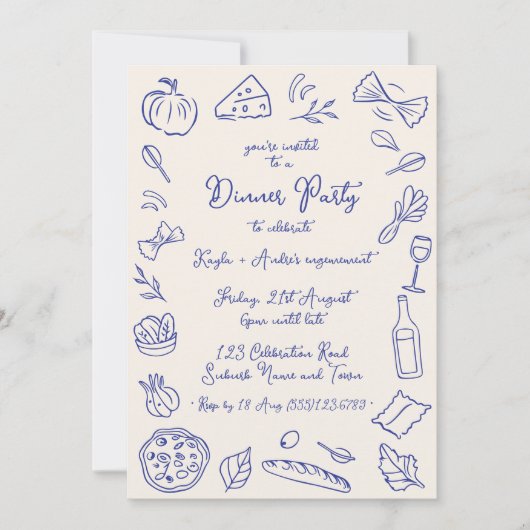 Invitation Soirée à thème italien aux dessins faits à la main (Devant)