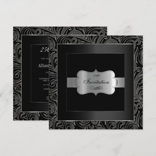 Invitation Soirée Abstraite Noir & Argent | Anniversaire (Devant / Derrière)