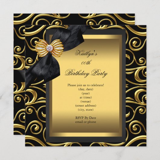 Invitation Soirée Anniversaire Noir Damas Or (Devant / Derrière)