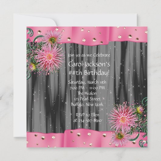 Invitation Soirée Anniversaire Noir Et Rose Dahlia (Dos)