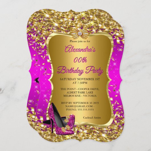 Invitation Soirée Anniversaire Rose Magenta Or talon haut (Devant / Derrière)