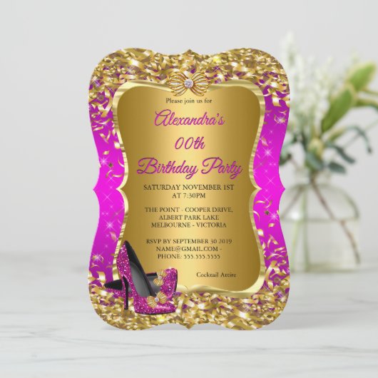 Invitation Soirée Anniversaire Rose Magenta Or talon haut (Debout devant)