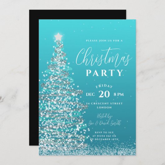 Invitation Soirée Arbre de Noël Soirée Turquoise Vacances (Devant / Derrière)
