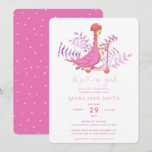 Invitation Soirée Baby shower fille Dinosaure Rose Cute (Devant / Derrière)