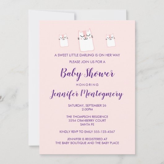 Invitation Soirée Baby shower Kitty Chat Rose Cute (Devant)