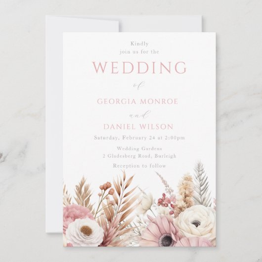 Invitation Soirée Blush Boho Fleurs Mariage élégant (Devant)