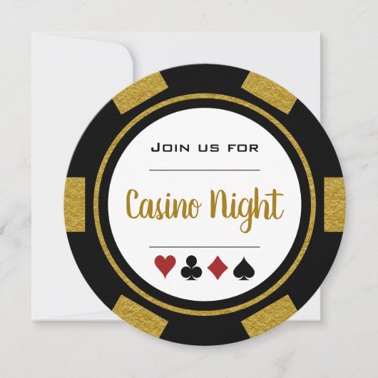 Invitation Soirée Casino Jeton de Poker Noir Blanc Or (Devant)