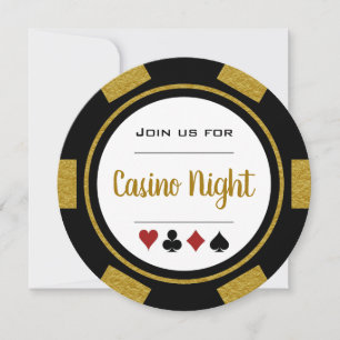 Invitation Soirée Casino Jetons de Poker Noir Blanc Or