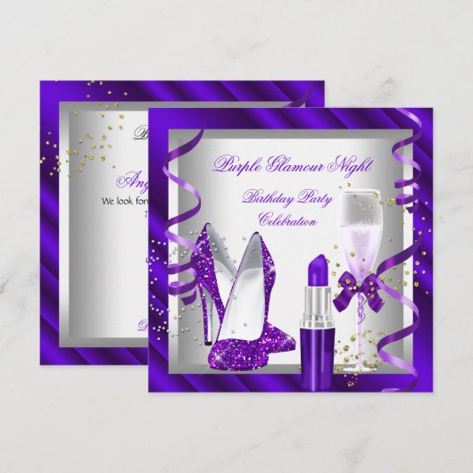 Invitation Soirée Champagne Glitter Violet Glamour (Devant / Derrière)