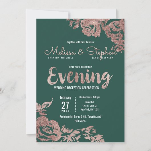 Invitation Soirée Chic Emerald Green Rose Gold Floral (Devant)