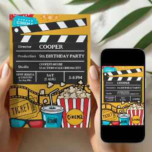 Invitation Soirée cinéma anniversaire thème jaune pour garçon