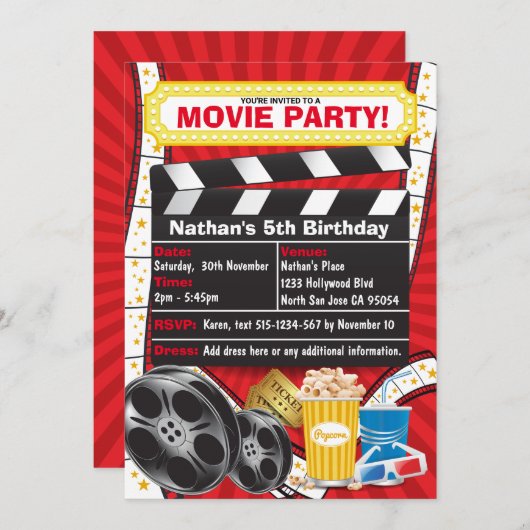 Invitation Soirée Cinéma Clappeuse Anniversaire (Devant / Derrière)