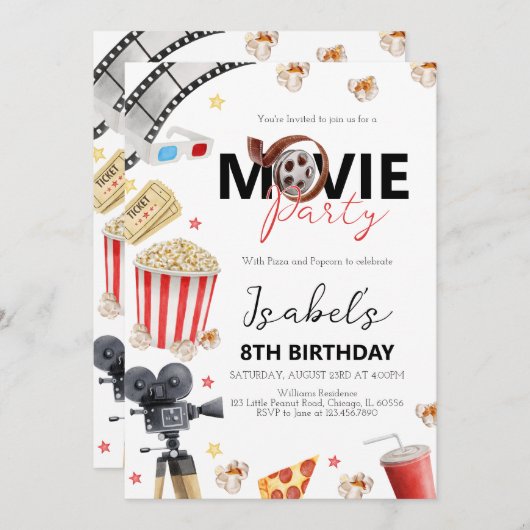 Invitation Soirée cinéma fête d'anniversaire (Devant / Derrière)