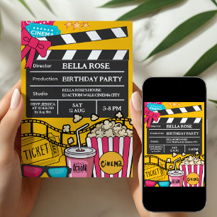 Invitation Soirée cinéma jaune fête d'anniversaire pour fille