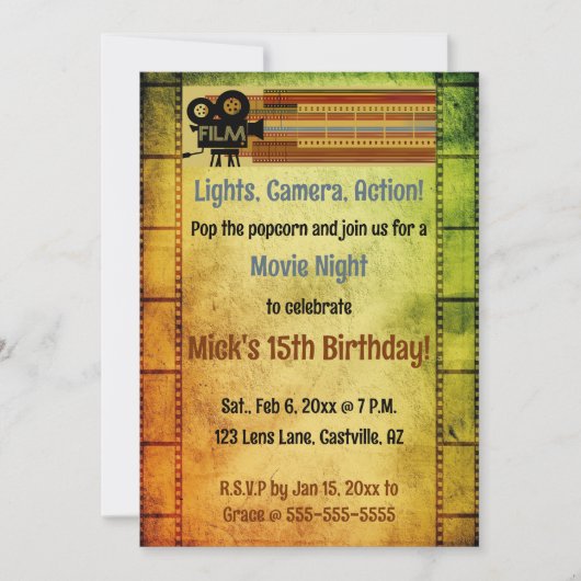 Invitation Soirée cinéma modifiable fête d'anniversaire (Devant)