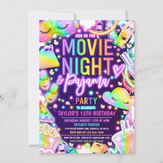 Invitation Soirée cinéma Pajama Neon Rainbow Anniversaire Par (Devant)