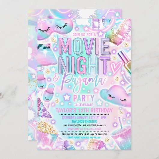 Invitation Soirée cinéma Pajama Pastel Rainbow Anniversaire P (Devant / Derrière)