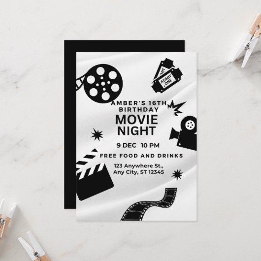 Invitation "Soirée cinéma pour un Sweet 16" (Devant/Arrière en situation)
