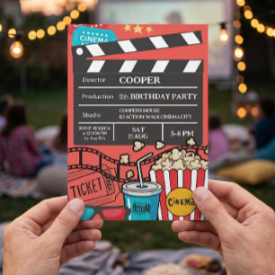 Invitation Soirée cinéma rouge fête d'anniversaire pour garço