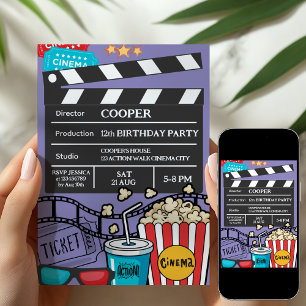Invitation Soirée cinéma violet pour l'anniversaire des garço