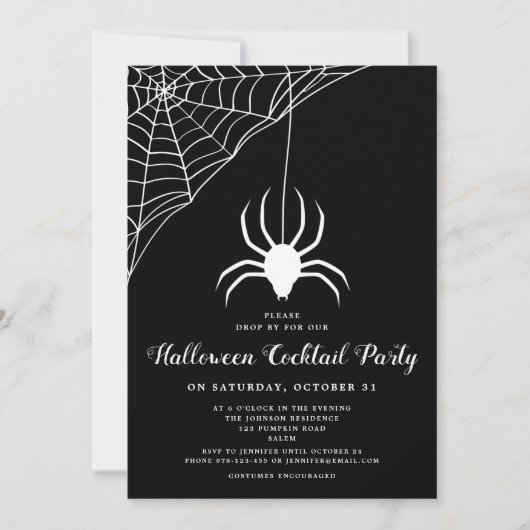 Invitation Soirée Cocktail Cute Spider Black & White Hallowee (Devant)
