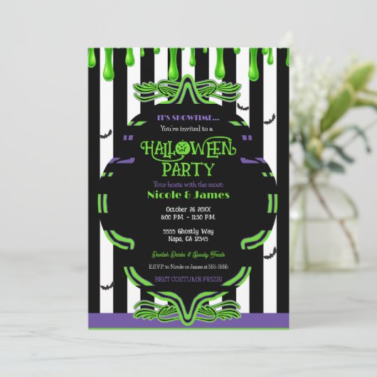 Invitation Soirée Costume d'Halloween Slime Vert (Debout devant)