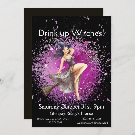 Invitation Soirée costumée en sorcière d'Halloween (Devant / Derrière)
