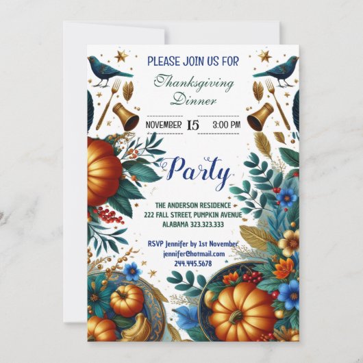 Invitation Soirée d'Action de grâces Citrouille d'or (Devant)