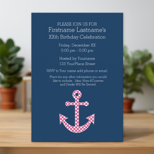 Invitation Soirée d'Ancre d'anniversaire avec Polka Rose Cute